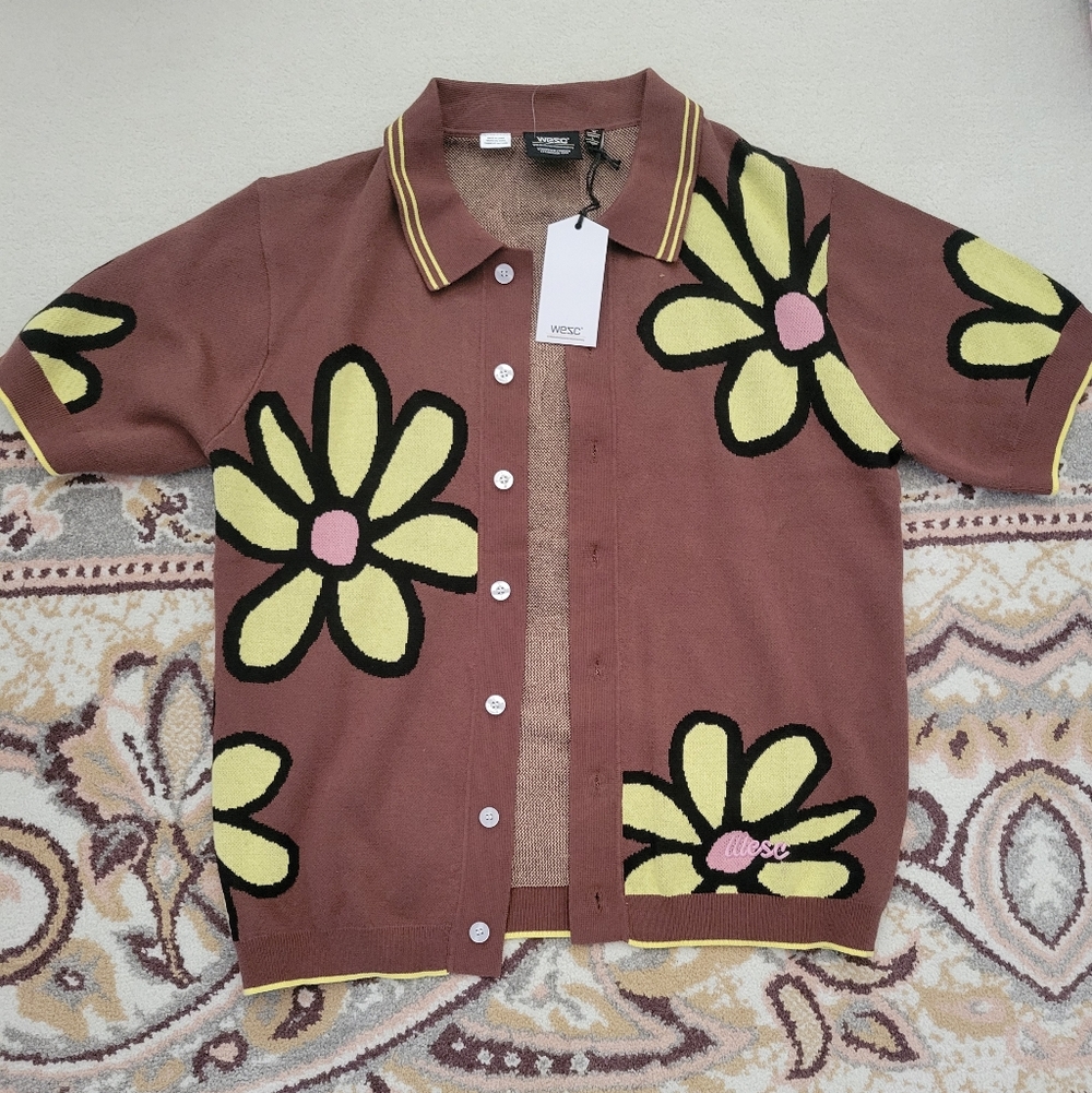 Wesc Brown Unisex Cardigan with Yellow Floral Design